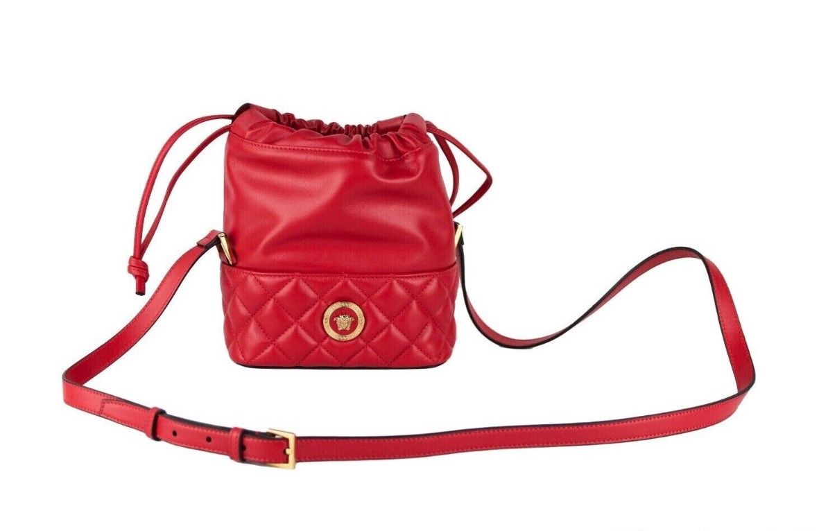 Versace Red Quilted Leather Drawstring Shoulder Bag Bucket Crossbody Handbag - Walk-In Closet