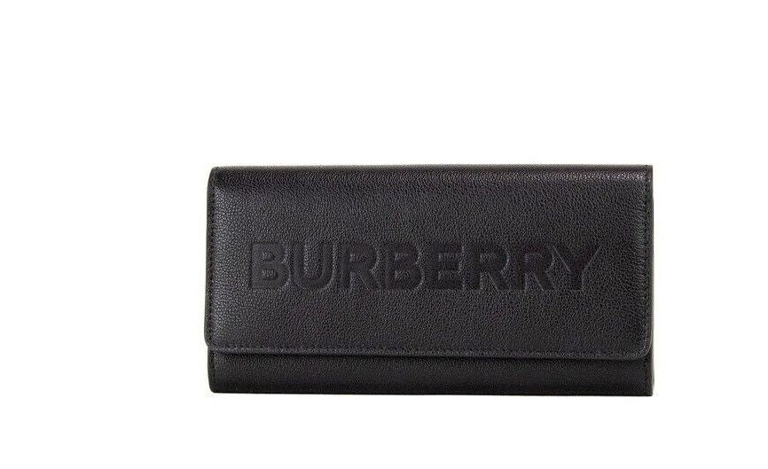Burberry Porter Black Grained Leather Branded Logo Embossed Clutch Flap Wallet - Walk-In Closet