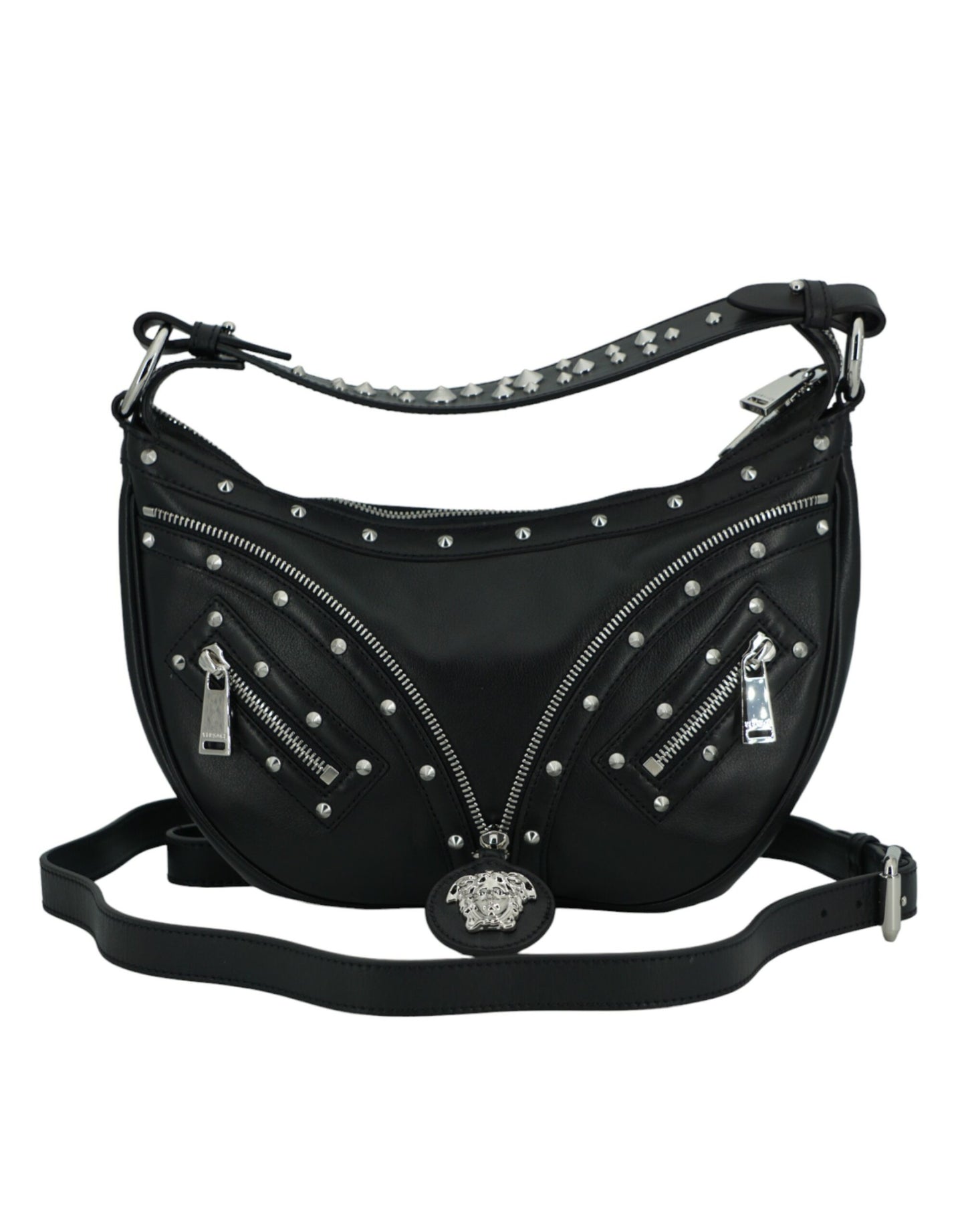 Versace Elegant Black Leather Hobo Shoulder Bag - Walk-In Closet