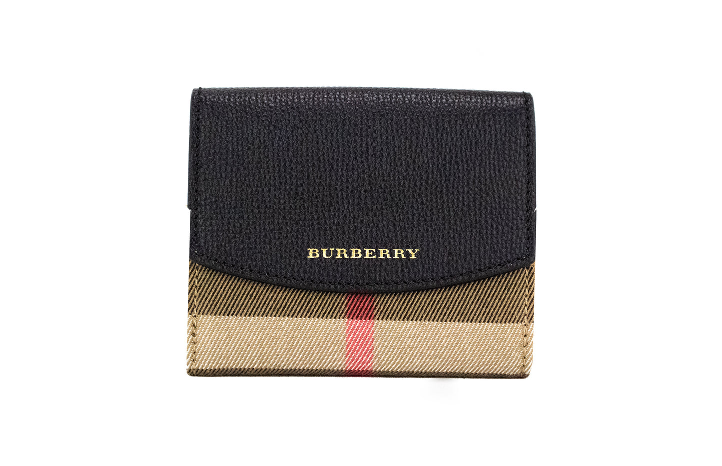 Burberry Luna Black Grained Leather House Check Canvas Coin Pouch Snap Wallet - Walk-In Closet