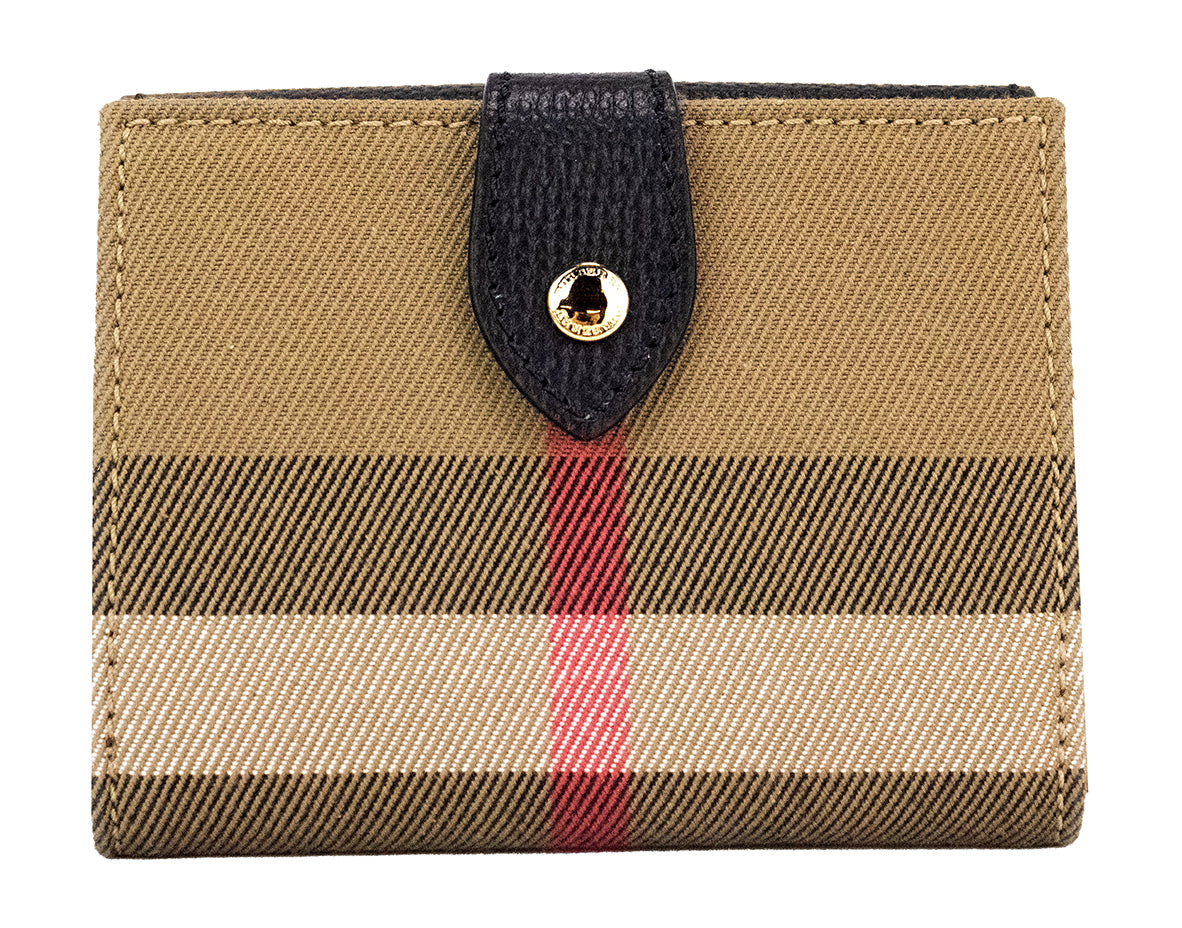 Burberry Luna Black Grained Leather House Check Canvas Coin Pouch Snap Wallet - Walk-In Closet