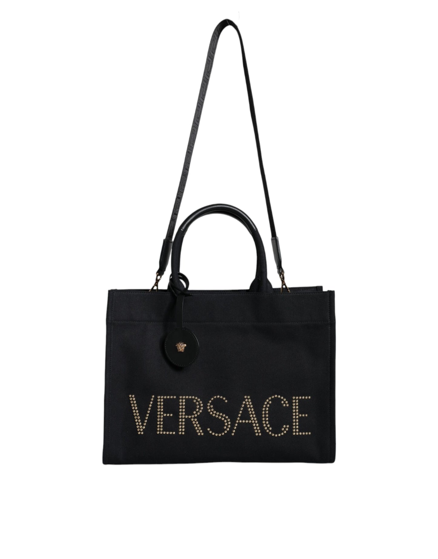 Versace Black Top Handle Canvas Leather Logo Crossbody Tote Bag - Walk-In Closet