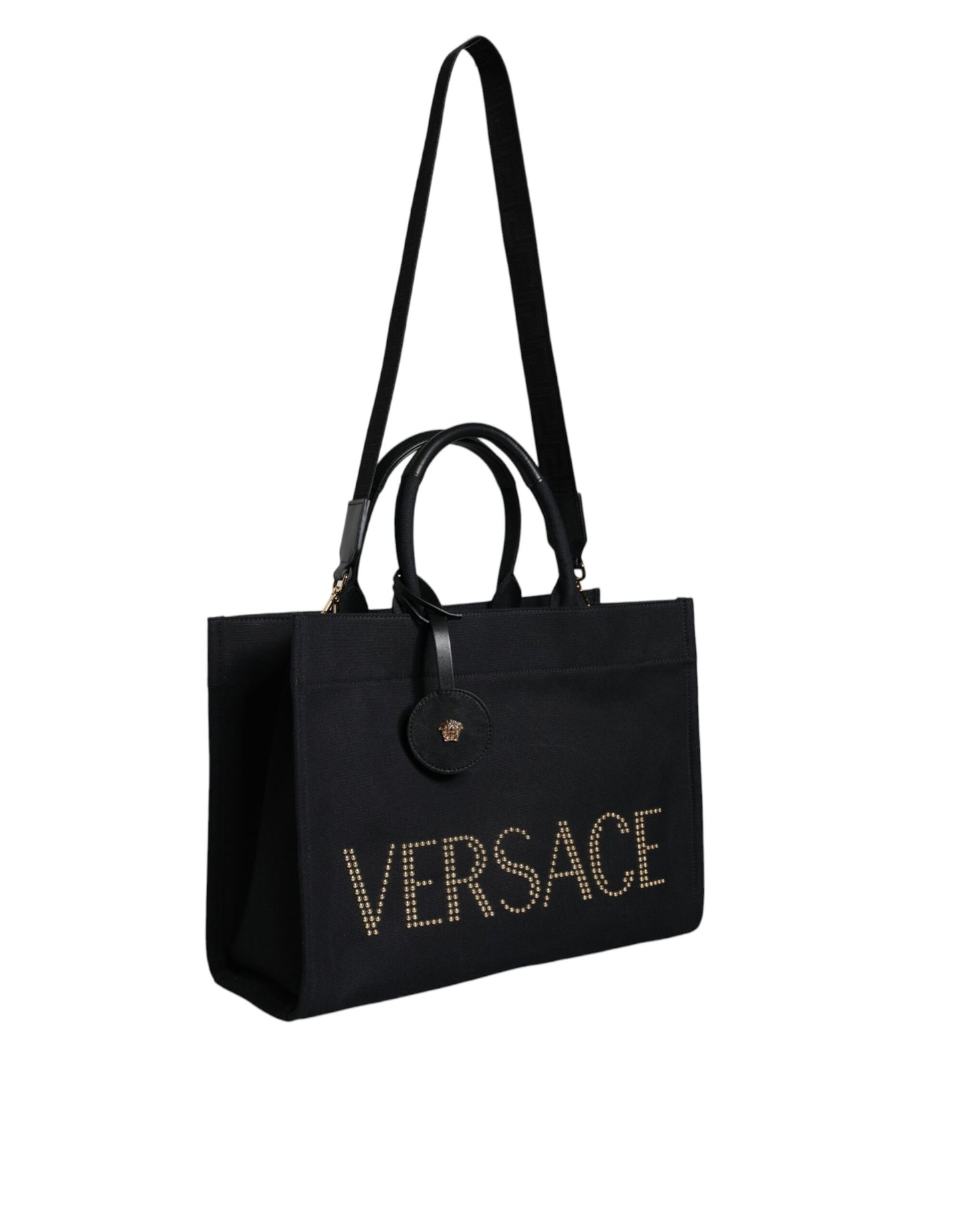 Versace Black Top Handle Canvas Leather Logo Crossbody Tote Bag - Walk-In Closet