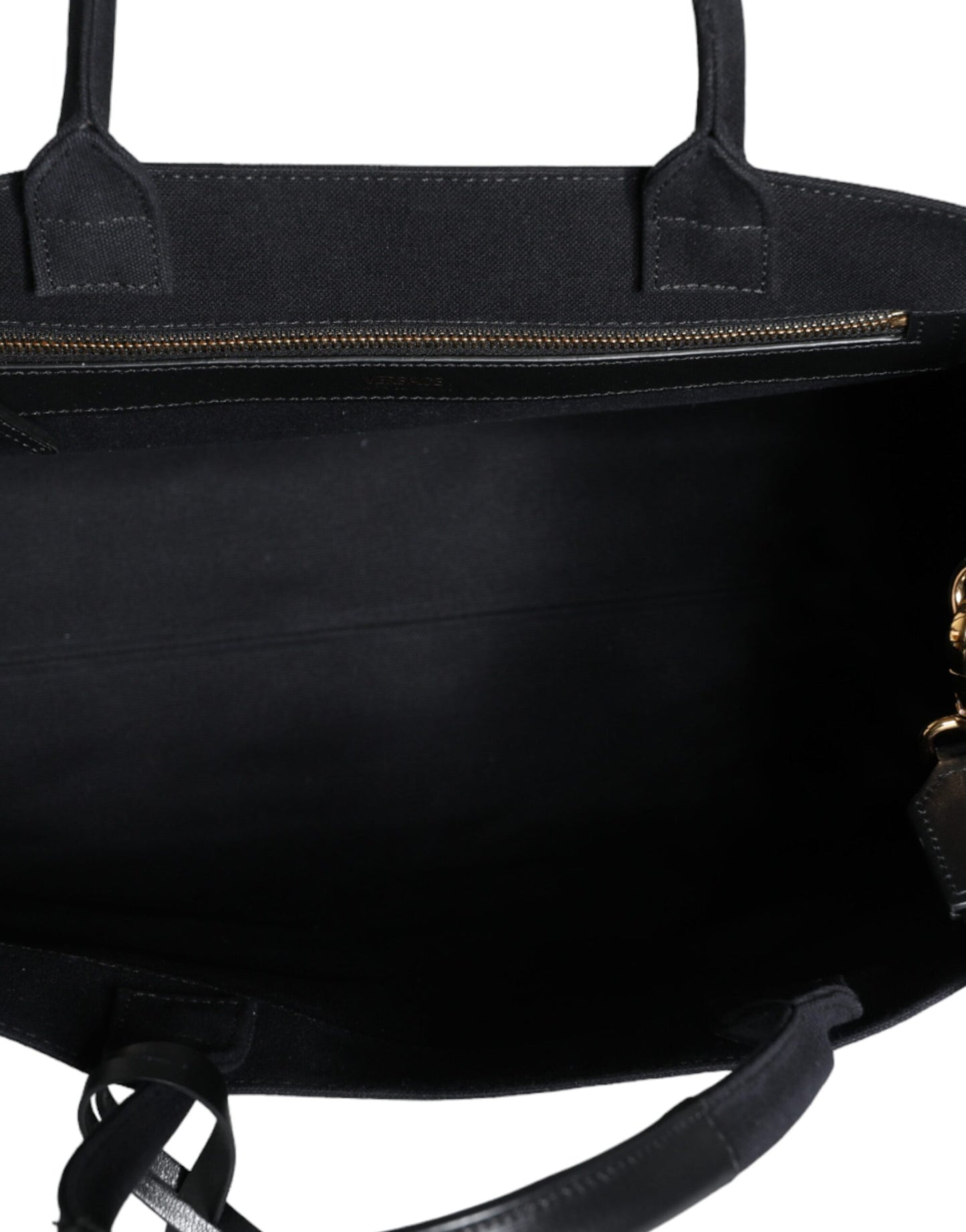 Versace Black Top Handle Canvas Leather Logo Crossbody Tote Bag - Walk-In Closet