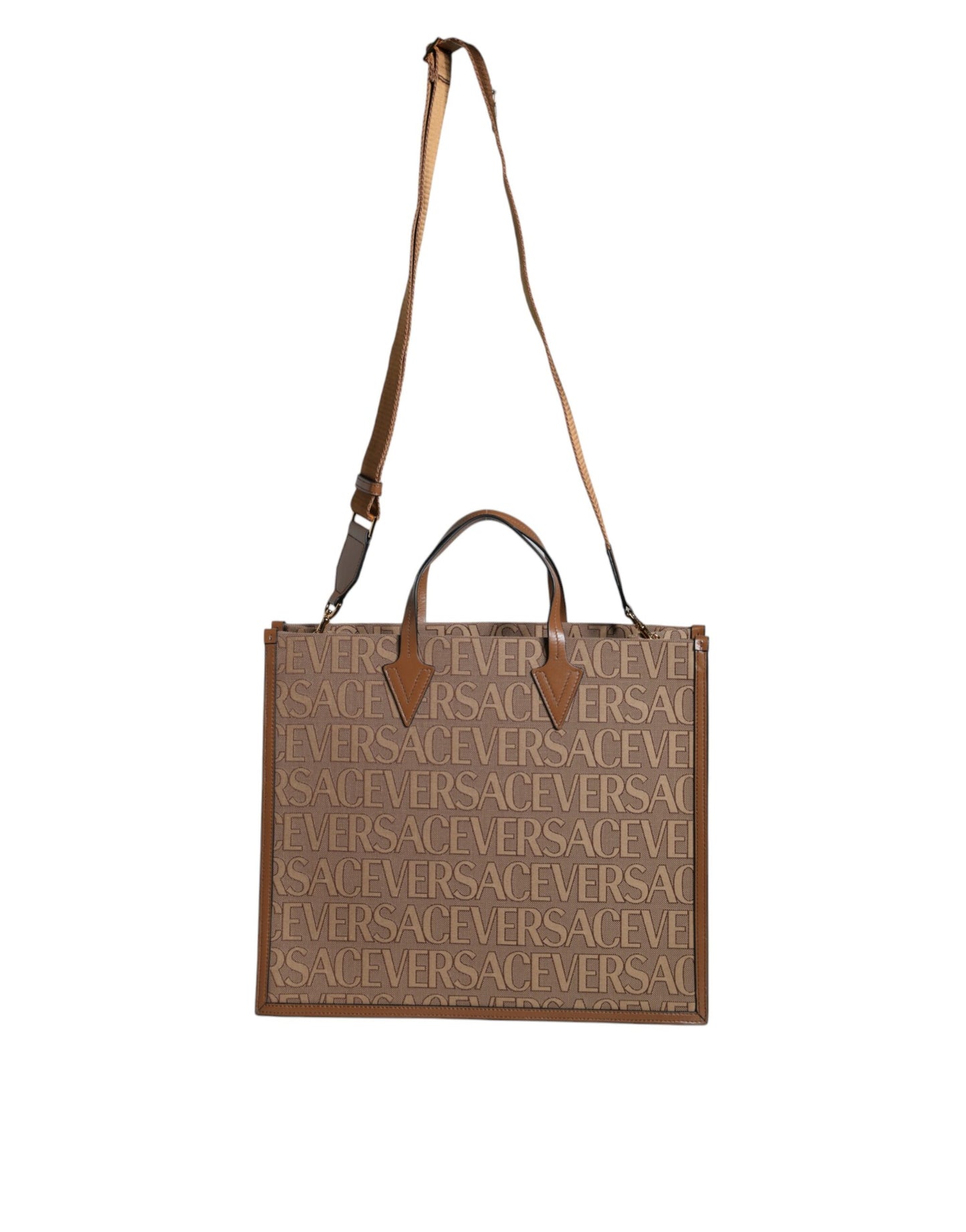 Versace Brown Top Handle Jacquard Leather Logo Crossbody Tote Bag - Walk-In Closet