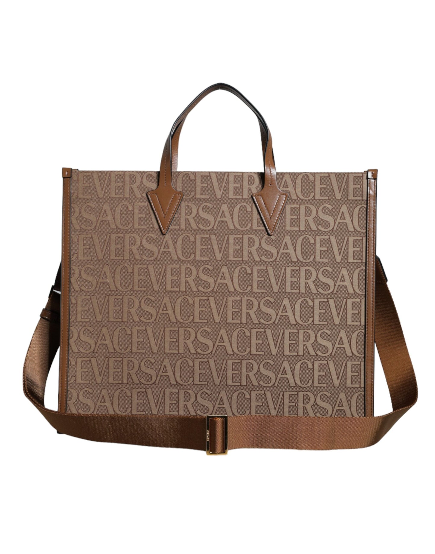 Versace Brown Top Handle Jacquard Leather Logo Crossbody Tote Bag - Walk-In Closet