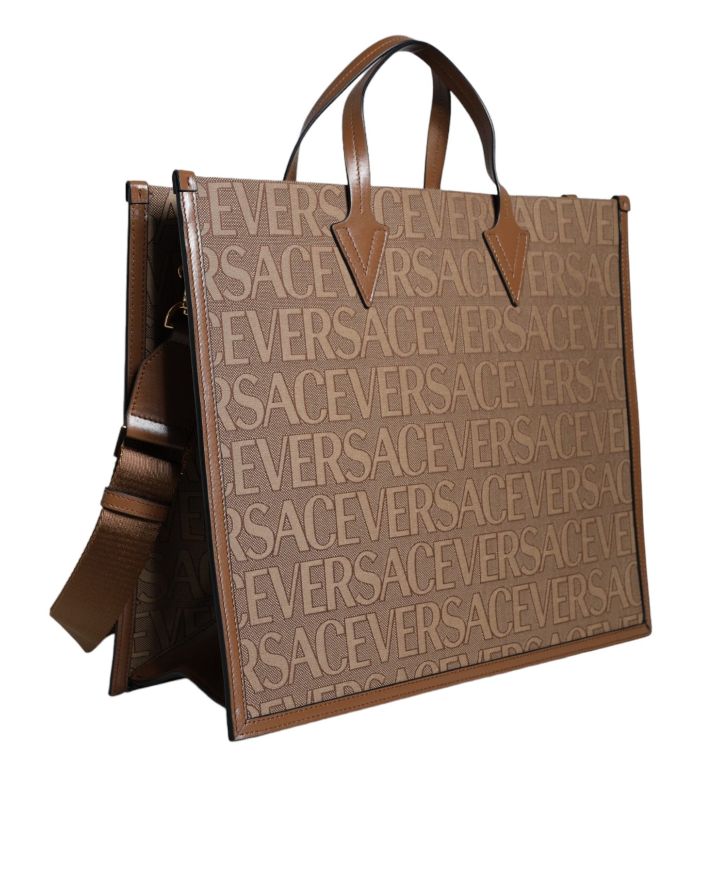 Versace Brown Top Handle Jacquard Leather Logo Crossbody Tote Bag - Walk-In Closet