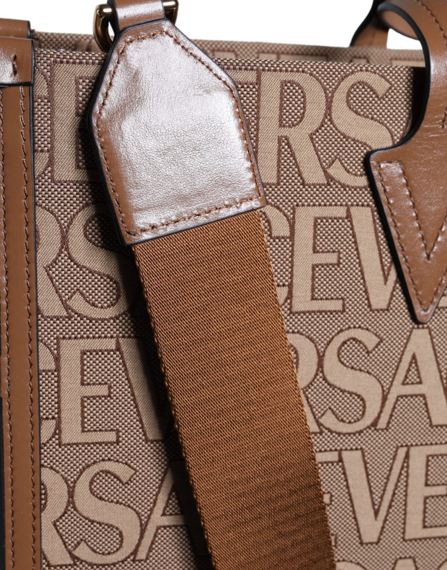 Versace Brown Top Handle Jacquard Leather Logo Crossbody Tote Bag - Walk-In Closet