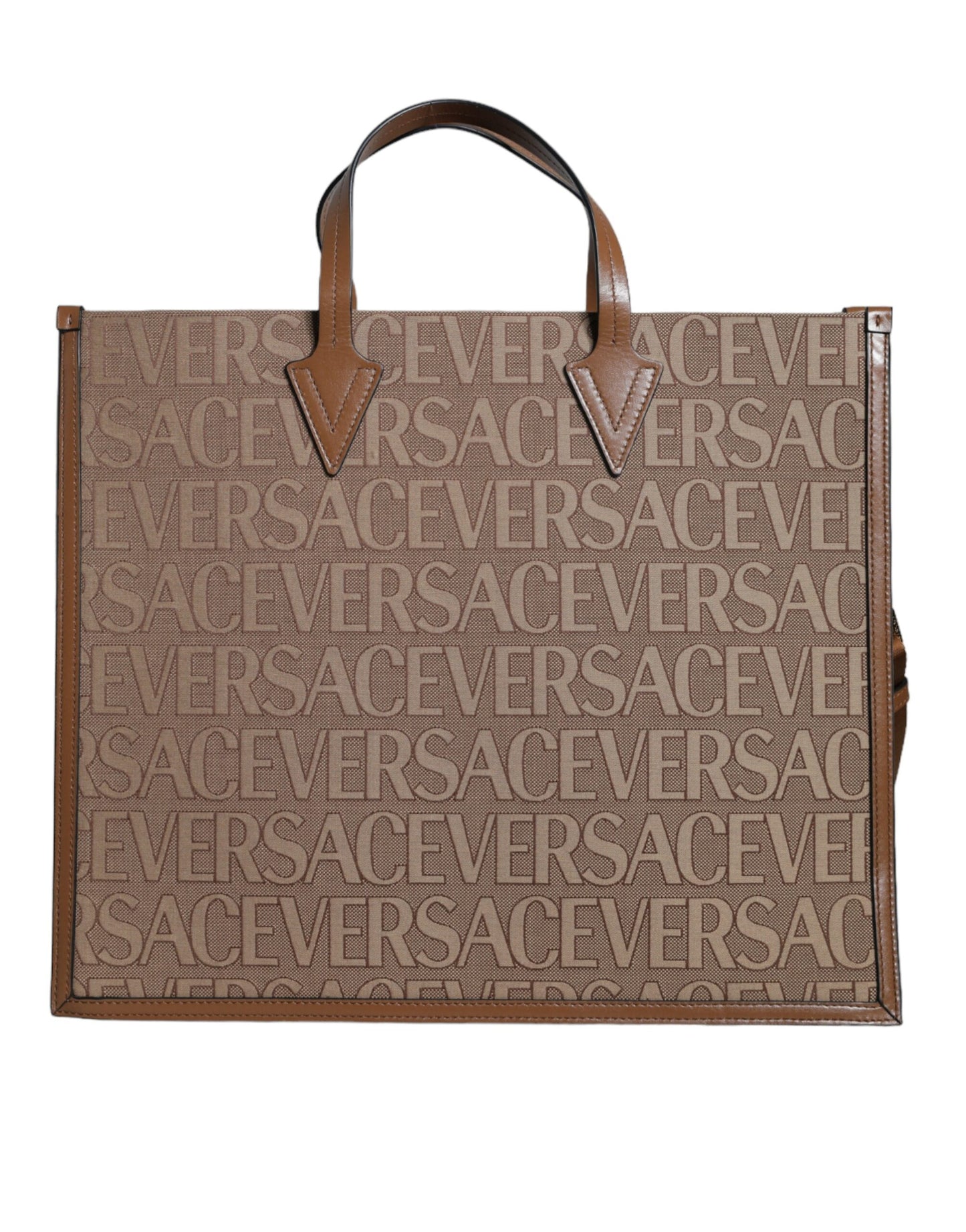 Versace Brown Top Handle Jacquard Leather Logo Crossbody Tote Bag - Walk-In Closet