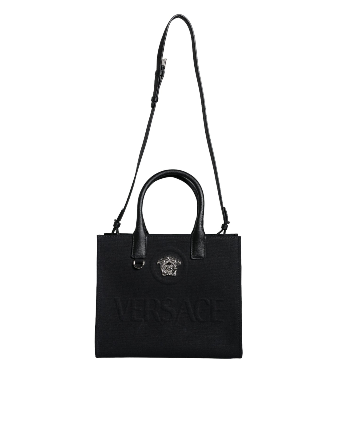 Versace Black Top Handle Canvas Leather Logo Crossbody Tote Bag - Walk-In Closet