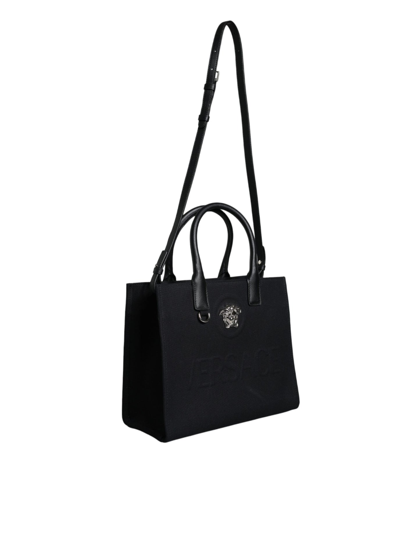 Versace Black Top Handle Canvas Leather Logo Crossbody Tote Bag - Walk-In Closet