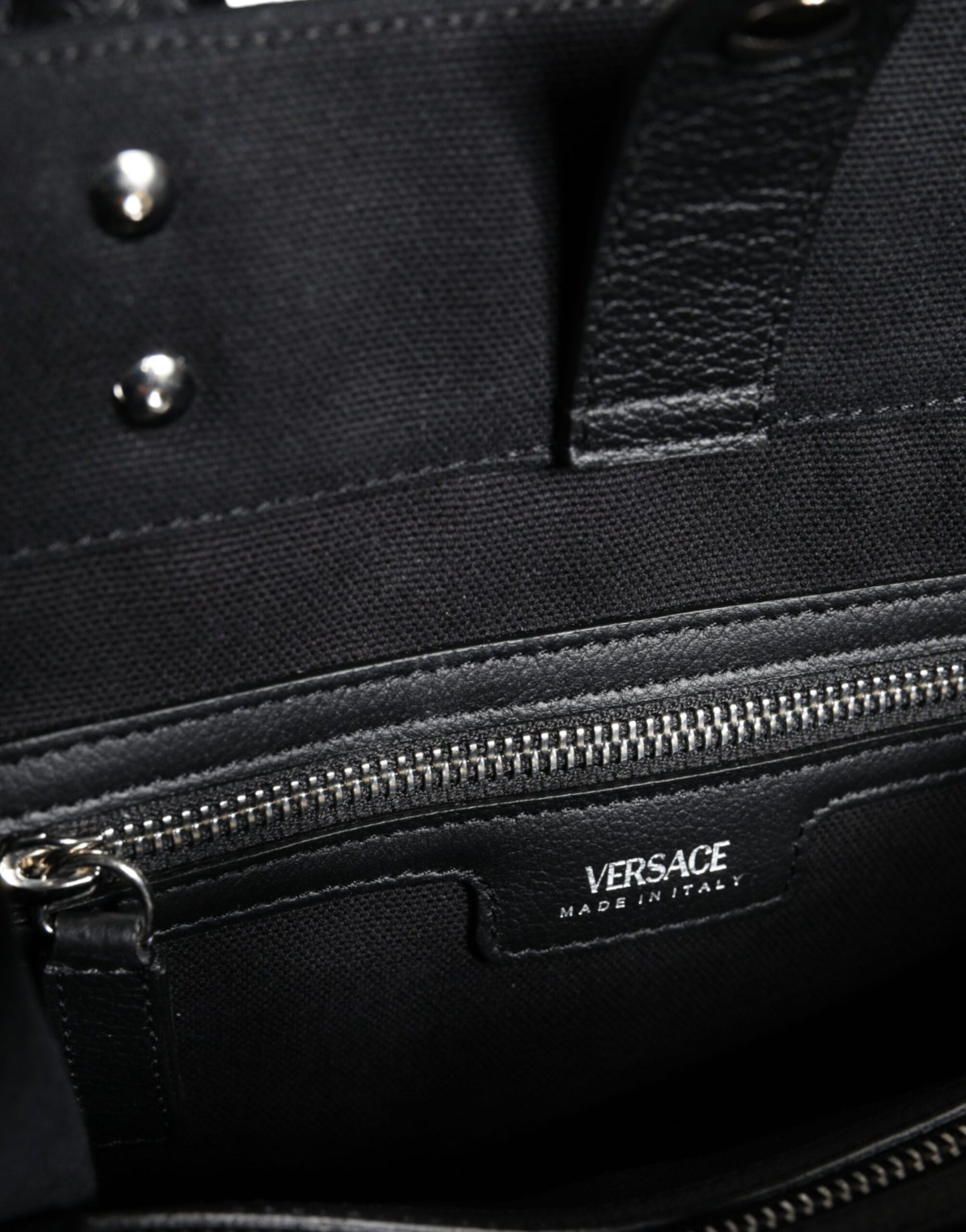 Versace Black Top Handle Canvas Leather Logo Crossbody Tote Bag - Walk-In Closet