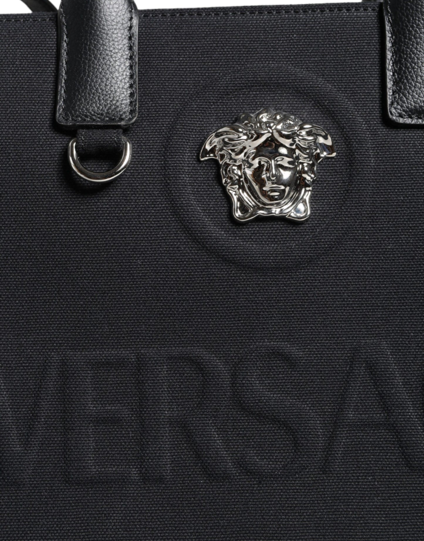 Versace Black Top Handle Canvas Leather Logo Crossbody Tote Bag - Walk-In Closet