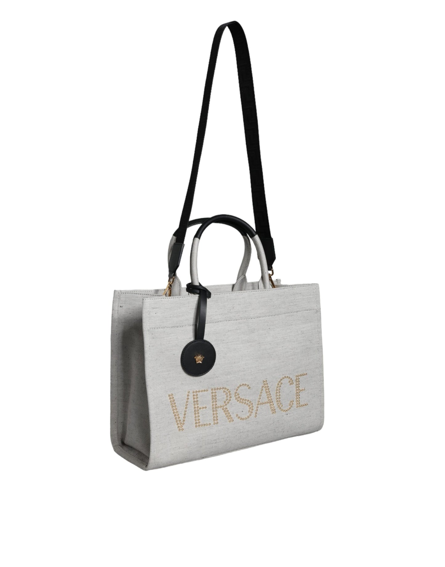 Versace White Top Handle Canvas Leather Logo Crossbody Tote Bag - Walk-In Closet