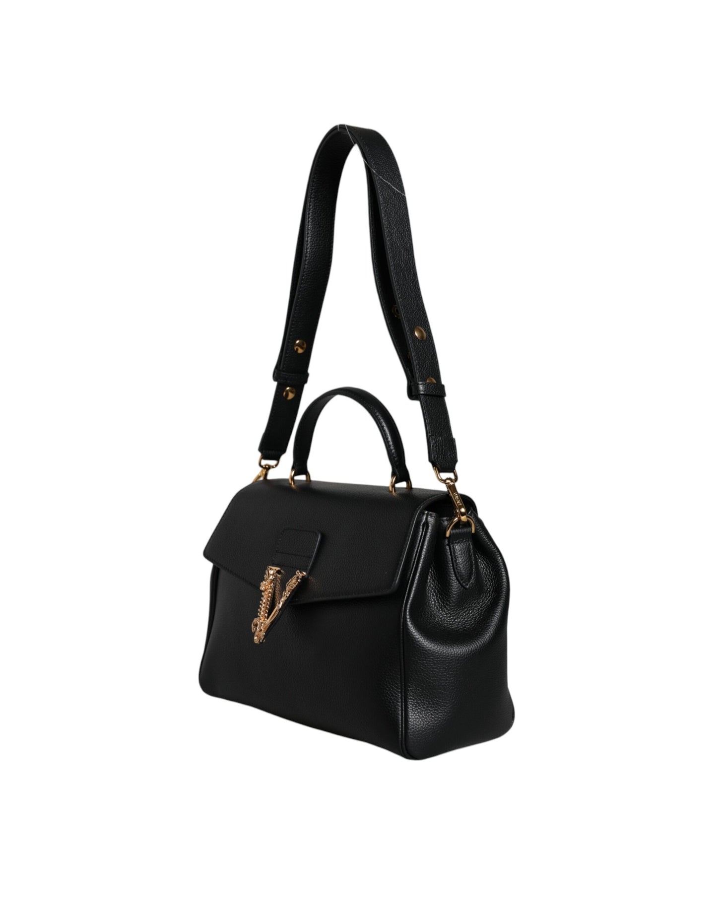 Versace Black Top Handle Grainy Calfskin Leather Crossbody Bag - Walk-In Closet