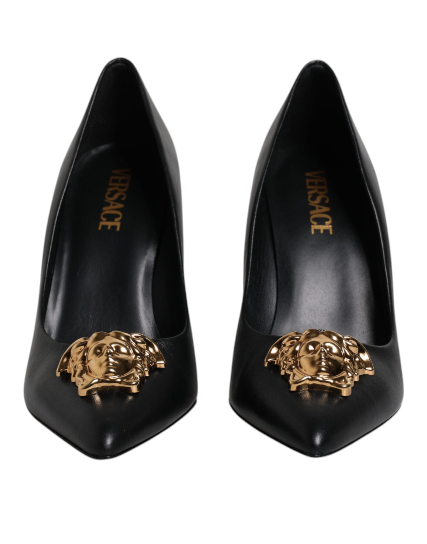 Versace Black Leather Logo Plaque High Heels Pumps Shoes - Walk-In Closet