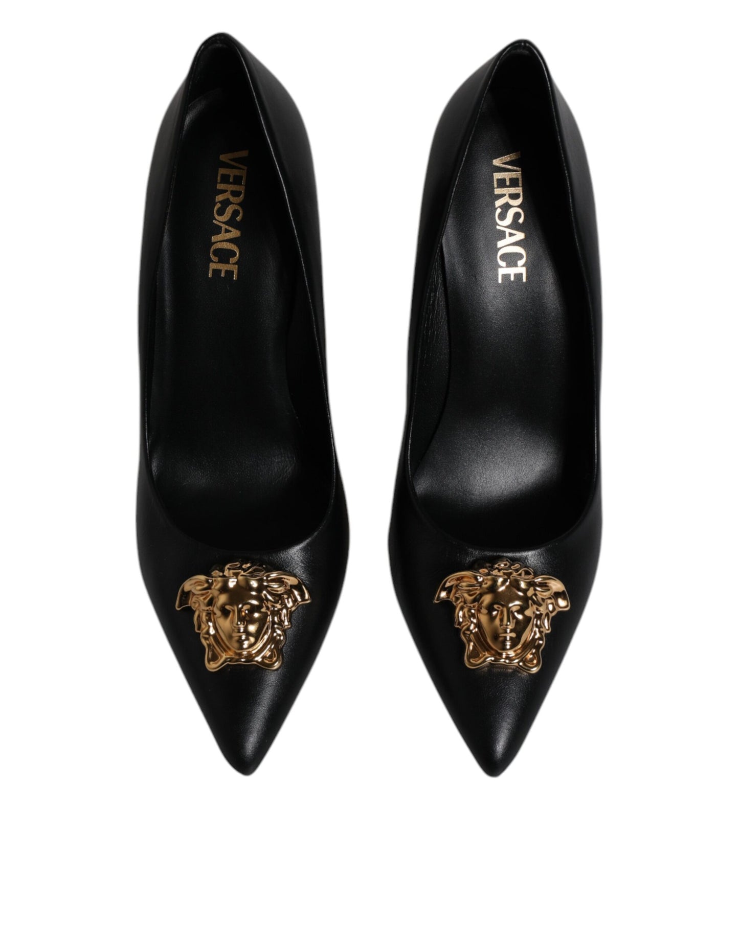 Versace Black Leather Logo Plaque High Heels Pumps Shoes - Walk-In Closet