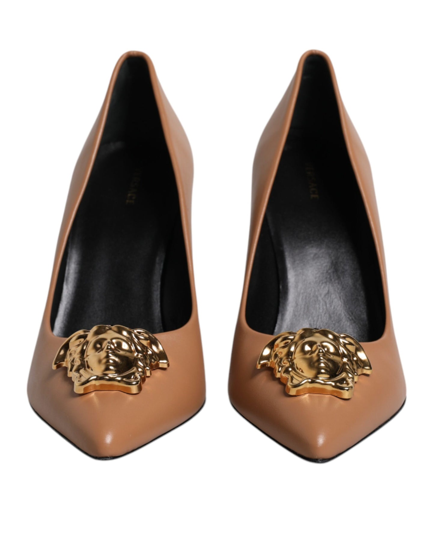 Versace Brown Leather Logo Plaque High Heels Pumps Shoes - Walk-In Closet