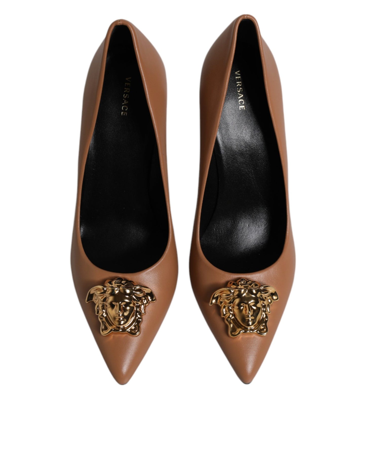 Versace Brown Leather Logo Plaque High Heels Pumps Shoes - Walk-In Closet