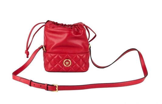 Versace Red Quilted Leather Drawstring Shoulder Bag Bucket Crossbody Handbag - Walk-In Closet