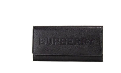 Burberry Porter Black Grained Leather Branded Logo Embossed Clutch Flap Wallet - Walk-In Closet