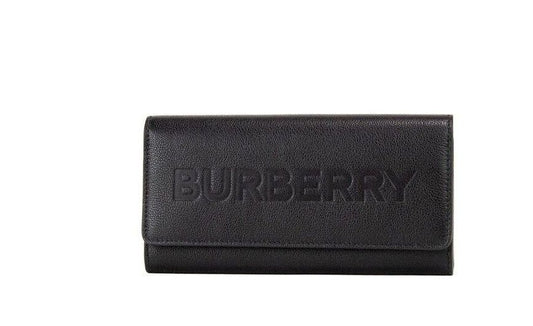 Burberry Porter Black Grained Leather Branded Logo Embossed Clutch Flap Wallet - Walk-In Closet