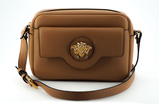 Versace Elegant Brown Leather Camera Case Shoulder Bag - Walk-In Closet