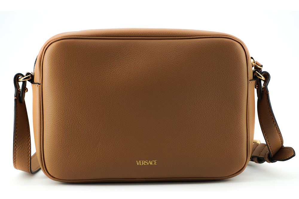 Versace Elegant Brown Leather Camera Case Shoulder Bag - Walk-In Closet
