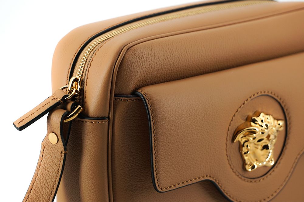 Versace Elegant Brown Leather Camera Case Shoulder Bag - Walk-In Closet