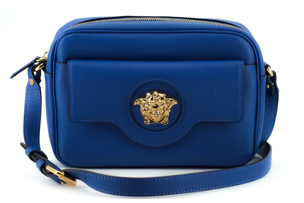 Versace Elegant Blue Calf Leather Camera Case Bag - Walk-In Closet