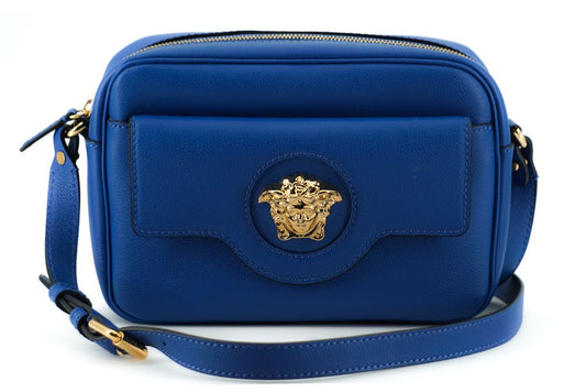 Versace Elegant Blue Calf Leather Camera Case Bag - Walk-In Closet