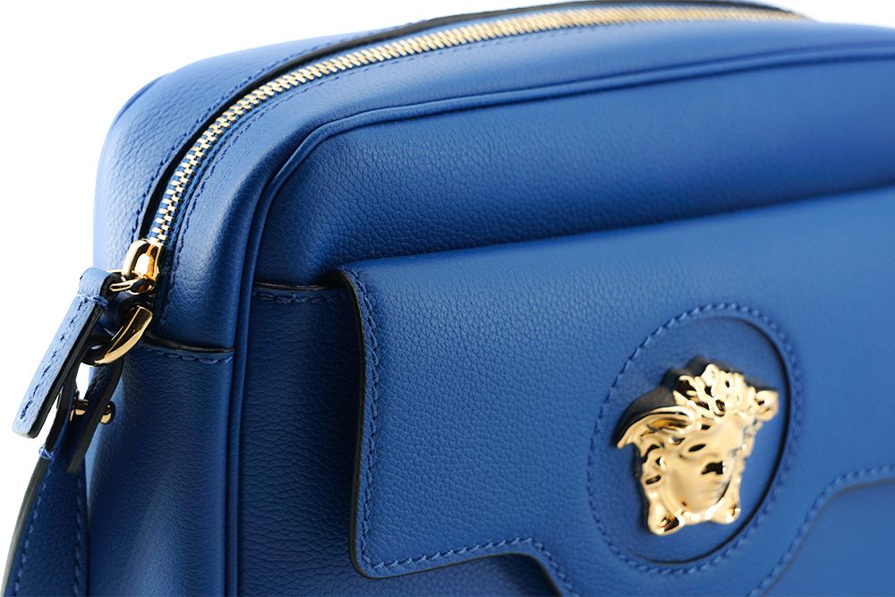 Versace Elegant Blue Calf Leather Camera Case Bag - Walk-In Closet
