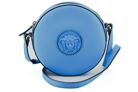 Versace Chic Blue Leather Round Shoulder Bag - Walk-In Closet