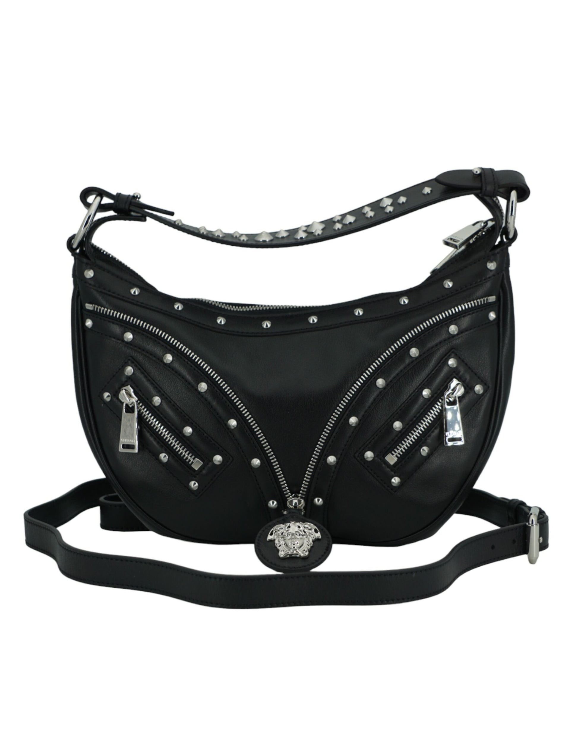 Versace Elegant Black Leather Hobo Shoulder Bag - Walk-In Closet
