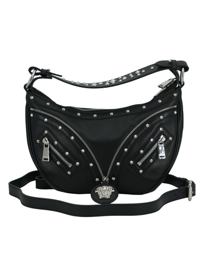 Versace Elegant Black Leather Hobo Shoulder Bag - Walk-In Closet