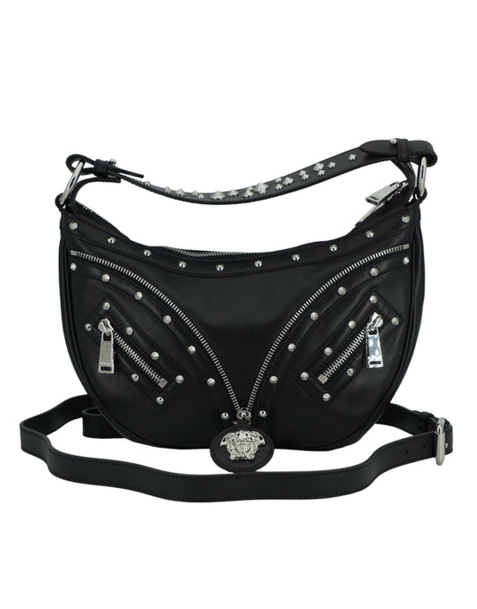 Versace Elegant Black Leather Hobo Shoulder Bag - Walk-In Closet