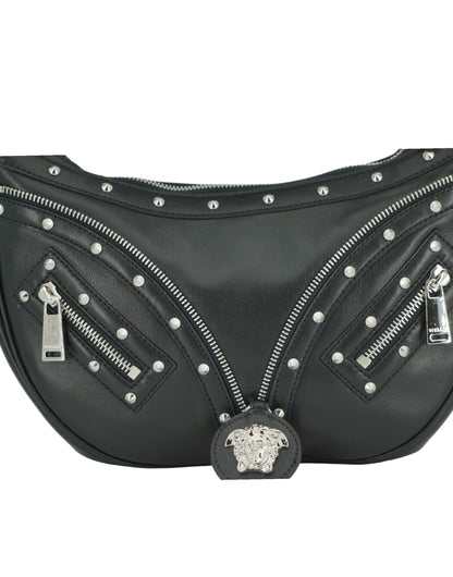Versace Elegant Black Leather Hobo Shoulder Bag - Walk-In Closet