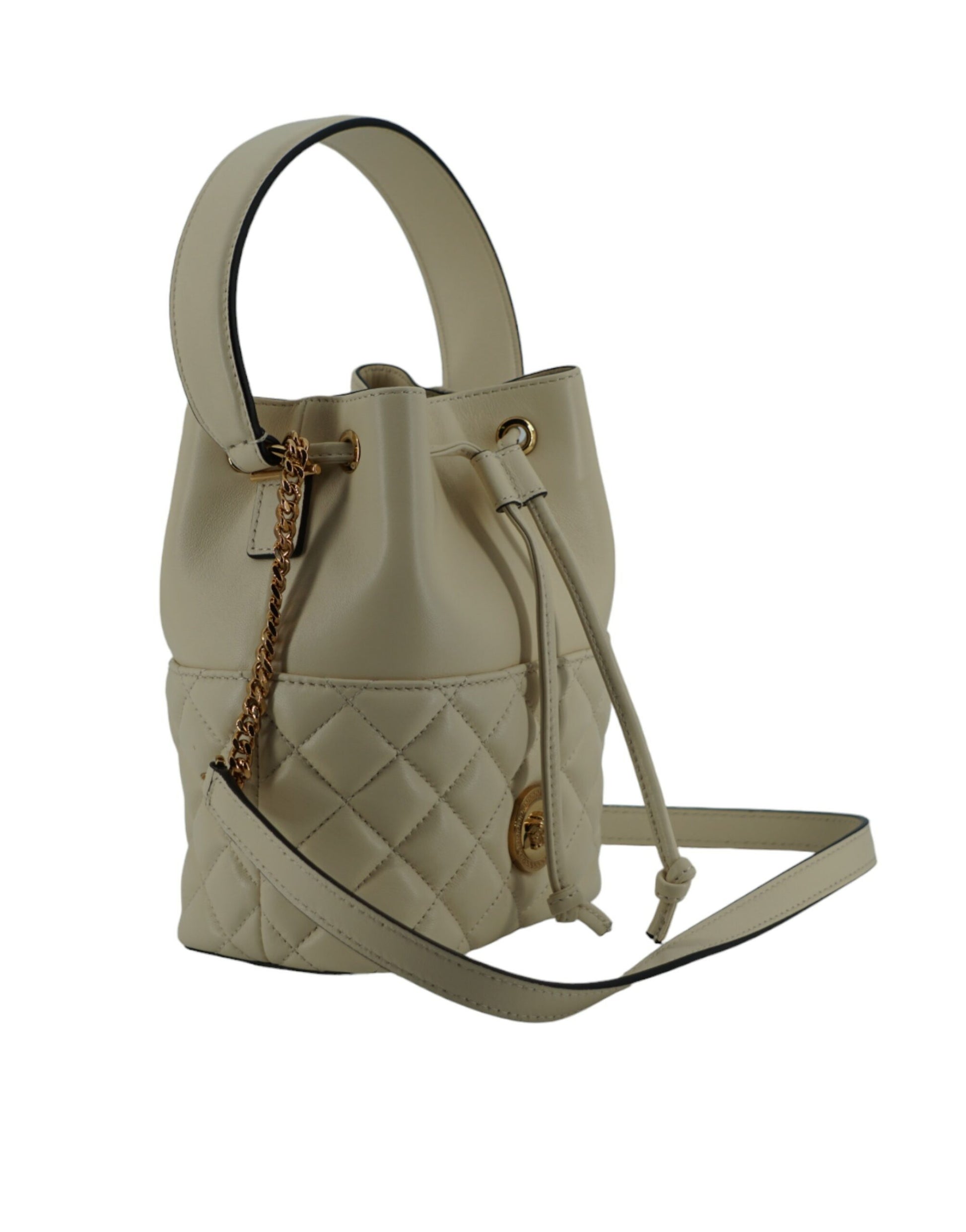 Versace Elegant Small White Leather Bucket Shoulder Bag - Walk-In Closet
