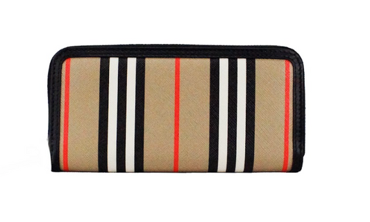 Burberry Ellerby Black Leather Icon Stripe Canvas Zip Around Continental Wallet - Walk-In Closet