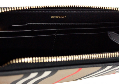 Burberry Ellerby Black Leather Icon Stripe Canvas Zip Around Continental Wallet - Walk-In Closet