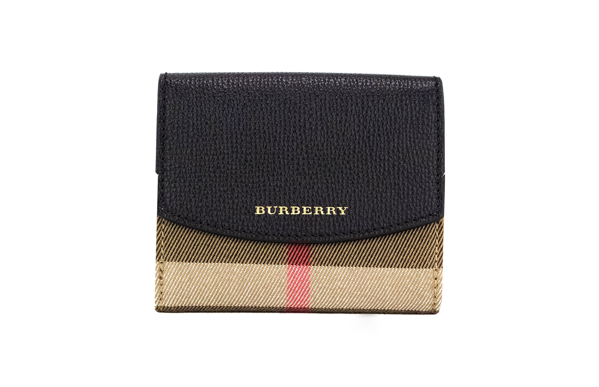 Burberry Luna Black Grained Leather House Check Canvas Coin Pouch Snap Wallet - Walk-In Closet