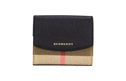 Burberry Luna Black Grained Leather House Check Canvas Coin Pouch Snap Wallet - Walk-In Closet