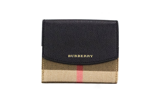 Burberry Luna Black Grained Leather House Check Canvas Coin Pouch Snap Wallet - Walk-In Closet