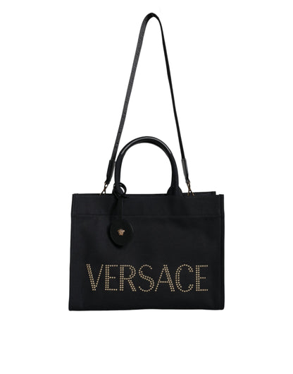 Versace Black Top Handle Canvas Leather Logo Crossbody Tote Bag - Walk-In Closet