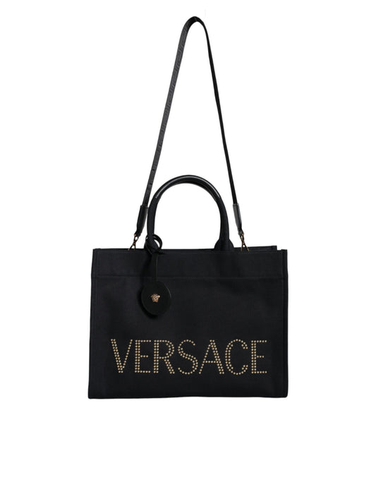 Versace Black Top Handle Canvas Leather Logo Crossbody Tote Bag - Walk-In Closet