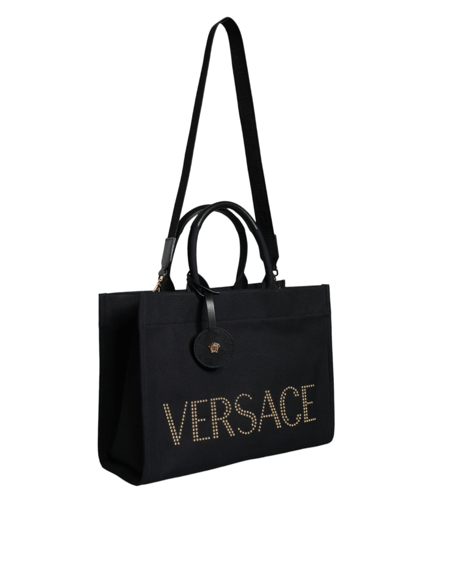 Versace Black Top Handle Canvas Leather Logo Crossbody Tote Bag - Walk-In Closet