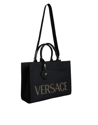Versace Black Top Handle Canvas Leather Logo Crossbody Tote Bag - Walk-In Closet