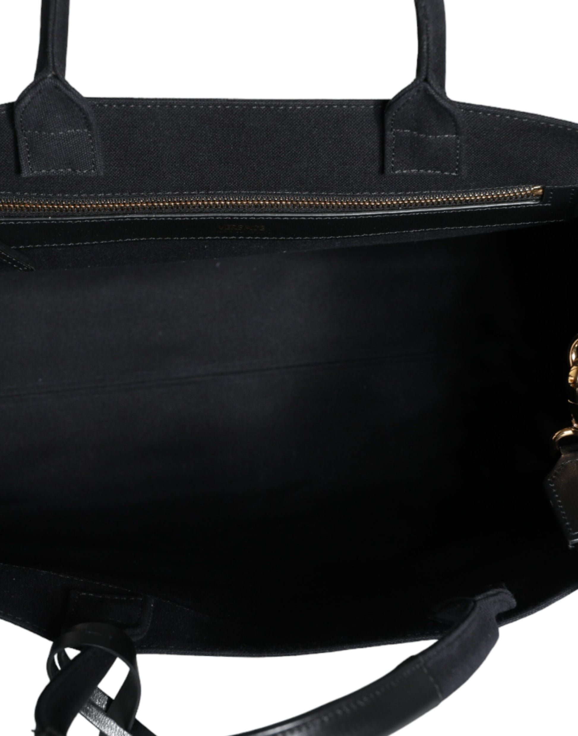 Versace Black Top Handle Canvas Leather Logo Crossbody Tote Bag - Walk-In Closet