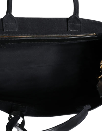 Versace Black Top Handle Canvas Leather Logo Crossbody Tote Bag - Walk-In Closet