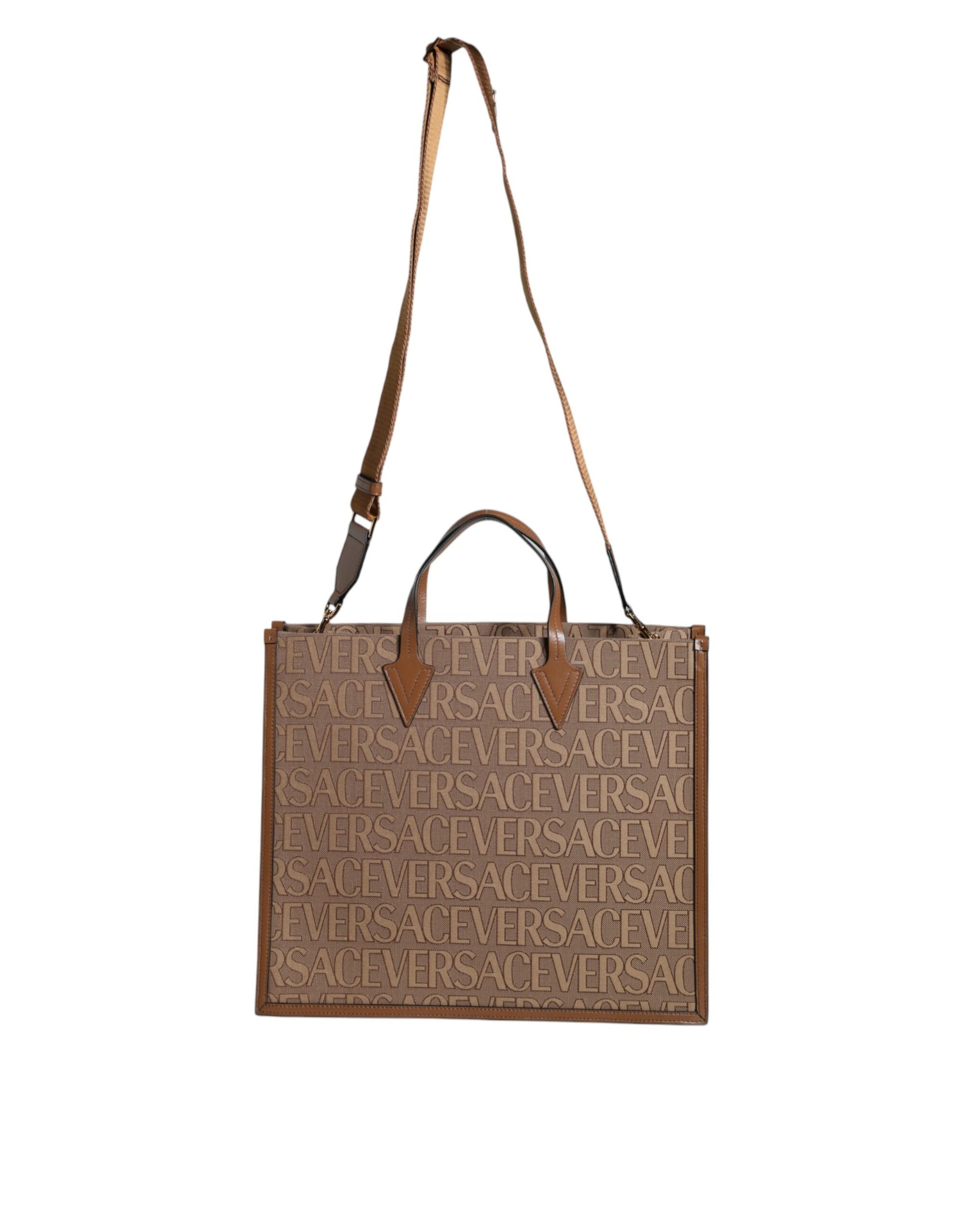 Versace Brown Top Handle Jacquard Leather Logo Crossbody Tote Bag - Walk-In Closet